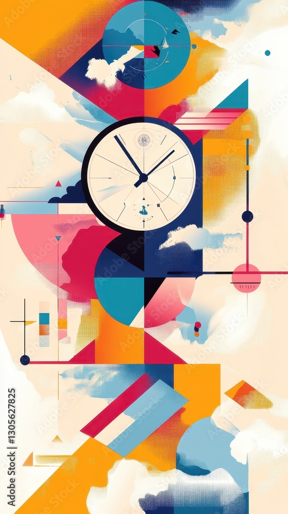 Poster abstract geometric art design displaying a clock and shapes with color