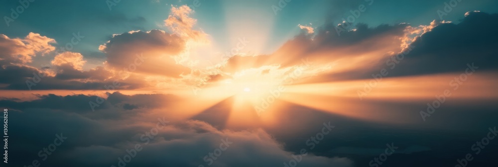 Poster sunrise spreads golden light through clouds over a vast sky. generative ai