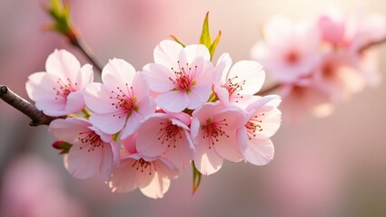A stunning close-up of pink cherry blossoms on a branch, beautifully illuminated by soft light. This elegant image captures the spirit of spring, ideal for floral themes and decorative uses.
