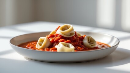 Fresh tortellini with homemade tomato sauce.