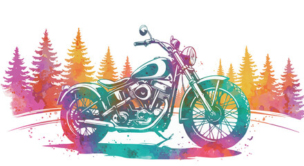 Fototapeta premium T-shirt design with classic motorcycle standing on forest road. Classic bike in the forest. Transparent PNG version.