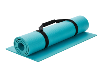 Rolled Turquoise Yoga Mat with Carrying Strap and Textured Surface for Comfortable Exercise and Fitness Activities