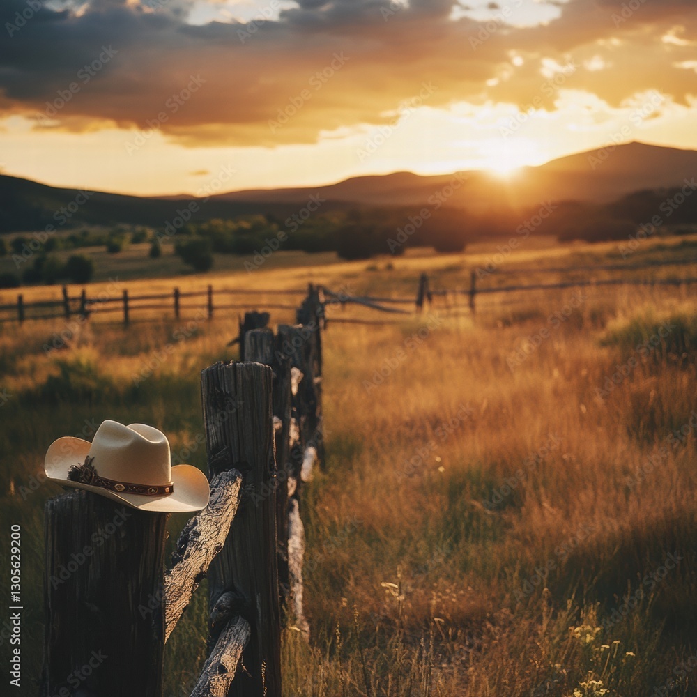 Poster sunset over a rustic landscape with a cowboy hat resting on a wooden fence. generative ai