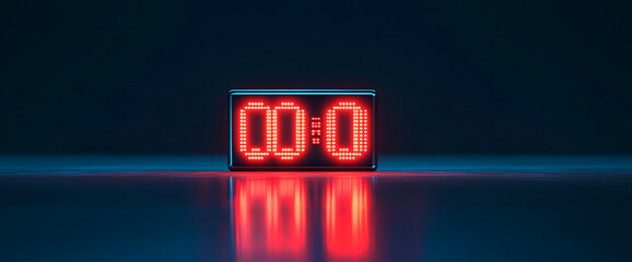 Red digital clock displaying 00:00 on dark background, reflecting on glossy surface, symbolizing countdown, deadline, or new beginning
