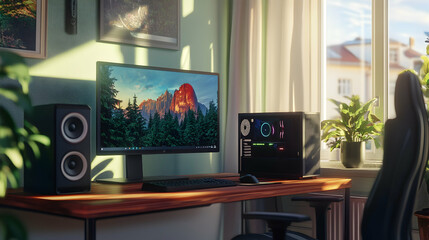 Stylish workspace featuring a computer monitor and desk, ideal for modern work environments