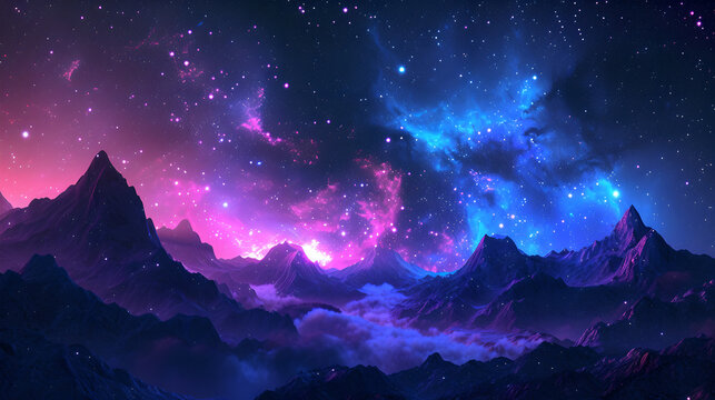 Beautiful fantasy starry night sky, blue and purple colorful, galaxy and aurora , wallpaper background