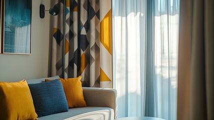 Modern living room with patterned curtains and comfy sofa