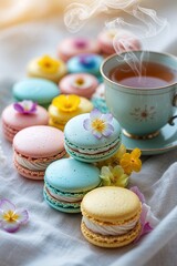 Fototapeta premium Colorful macarons and a steaming cup of tea surrounded by flower petals on a soft fabric backdrop