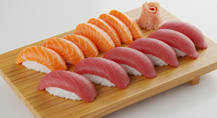Exquisite fresh salmon and tuna sashimi artfully arranged on a sophisticated wooden platter, highlighting a premium selection of gourmet seafood against a pristine white background