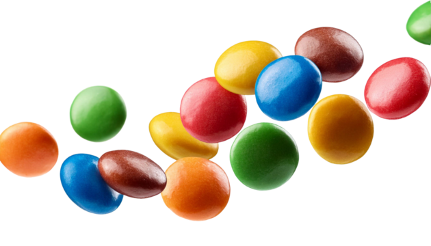 Colorful chocolate candies falling on transparent background