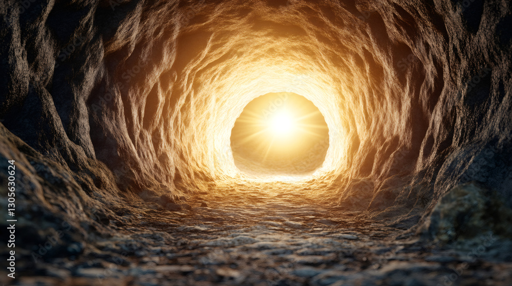 Poster sun shining at the end of a dark cave passage, creating a beautiful contrast between light and shado