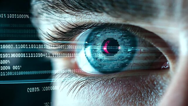 A close-up of a medical device with an eye image displayed on the screen, showing precise tracking points and pupil movement, symbolizing advanced eye-tracking technology.