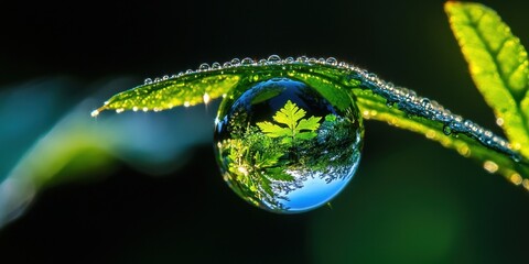 A pristine water droplet reflects a green forest landscape
