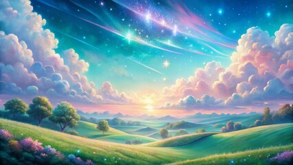 Pastel Glitter Manga Landscape: Dreamy Soft Pink & Blue Hills Illustration