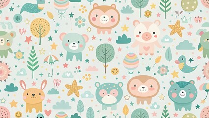 Pastel Nursery Illustration Pattern Background - Cute Baby Animals & Shapes