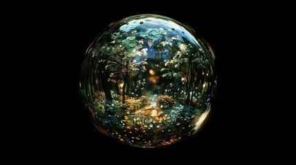 A small vibrant forest environment enclosed inside of a sphere