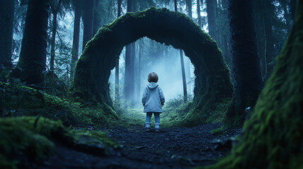 Young explorer navigating mossy stone archway through misty woodland, embodying mysterious childhood wanderlust