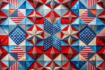 Patriotic Surrealist Geometric Background Texture: Abstract Red, White, and Blue Shapes