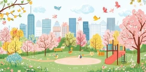 A vibrant illustrated cityscape park with playground and blooming trees