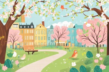 An artistic illustration depicts a spring scene of houses and nature