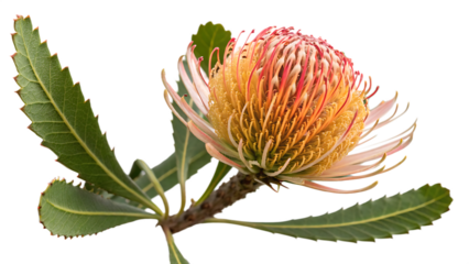 Protea Flower with Green Leaves - Isolated on White Background as Transparent. PNG. AI GENERATED