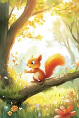 Cute squirrel in Spring field in forest.