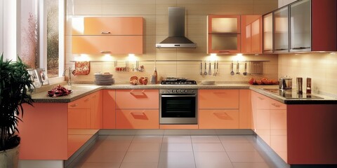 A modern kitchen interior design with warm orange cabinets and appliances