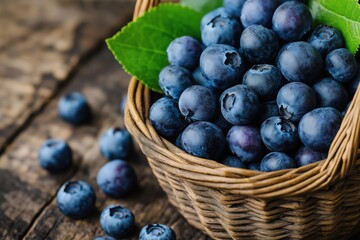 Fototapeta premium A basket full of blueberries with a leaf on top. The blueberries are fresh and ripe, and the basket is made of wicker. Concept of abundance and freshness