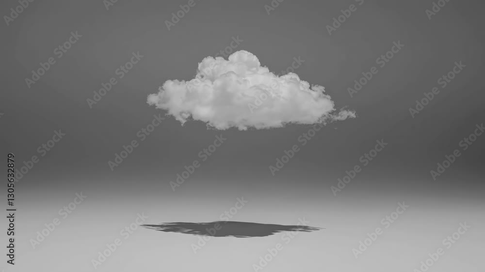 Poster a surreal video concept featuring a single fluffy cloud floating in a minimalist gray space. low-ang