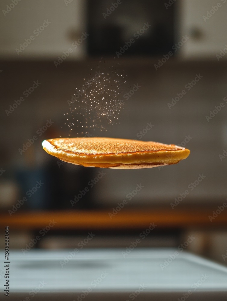Poster Pancake floating in air with sugar dusting above in a cozy kitchen setting. Generative AI
