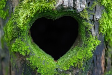 A tree trunk with a green moss covering it has a heart shape cut out of it. The heart is surrounded by the moss, giving it a natural and organic appearance