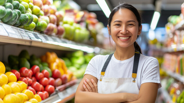 Cheerful grocery worker organizing fresh produce in a vibrant aisle - Powered by Adobe