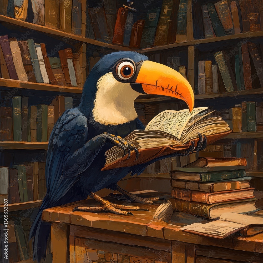 Poster a colorful toucan bird enthusiastically reading a bound book