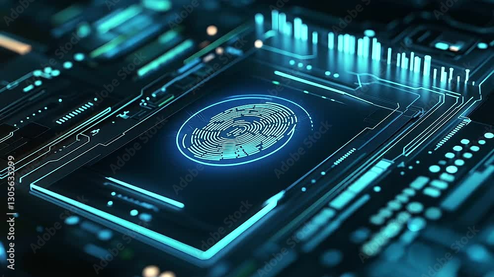 Poster a digital padlock with a fingerprint scanner glowing in neon blue, surrounded by symbols of encrypte