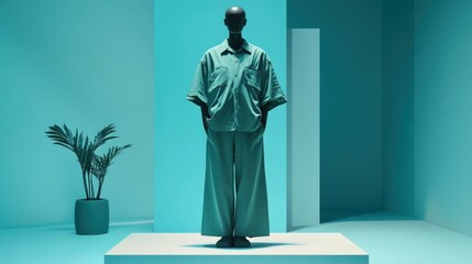 Teal-toned fashion model in modern studio