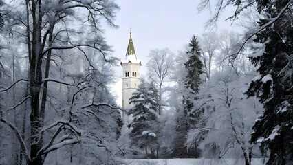 Snow covered church tower among bare trees