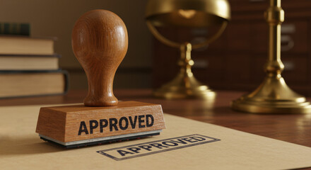 Approved stamp on document against wooden desk background