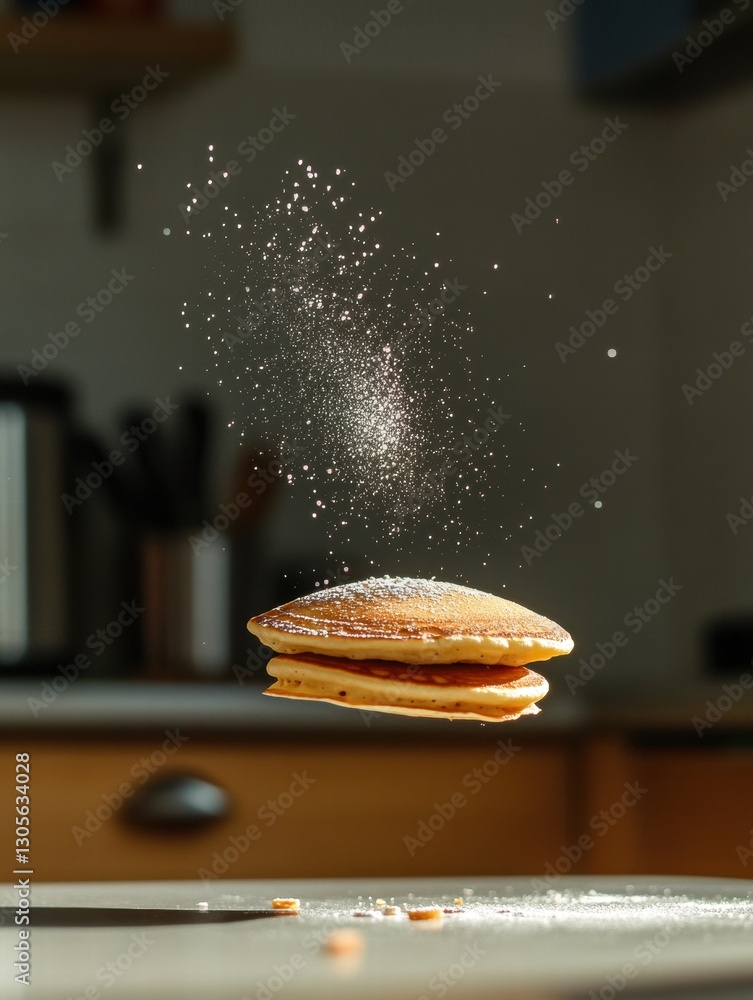 Poster fluffy pancakes topped with powdered sugar floating in a sunlit kitchen setting. generative ai