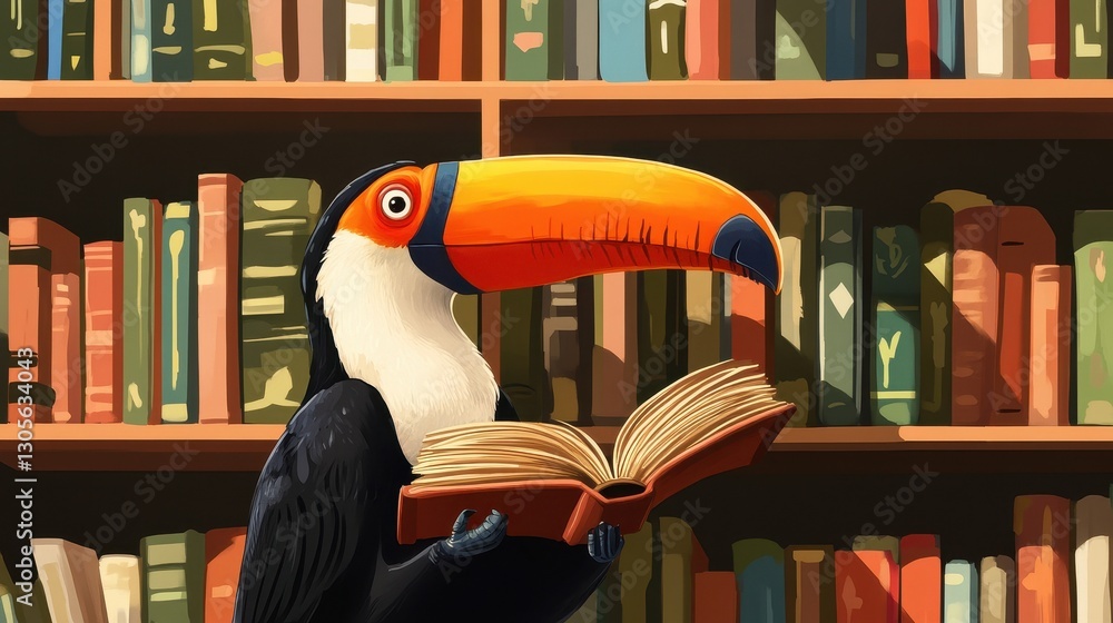 Poster a colorful toucan bird is reading a book in a library