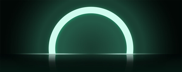 Dark background studio stage, lit with blue-green neon lights. Black room with simple semicircular arc light bulbs. Abstract pattern. Space or futuristic technology style. Reflective floor.