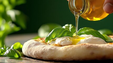 Close-up of a sourdough pizza with burrata basil and olive oil drizzle. Generative AI