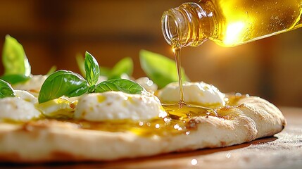 A pizza with burrata fresh basil and olive oil drizzle on a wooden surface. Generative AI