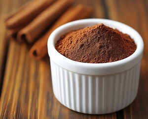 Brown cinnamon powder sits in a white ceramic bowl near logs