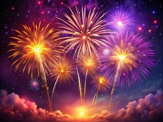 Fototapeta premium Realistic Firework Animation Poster - Purple Night Sky, Low Light Photography