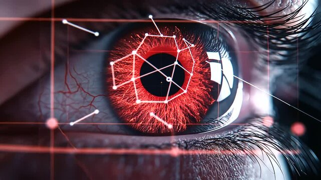 A futuristic medical display showing a close-up of an eye, with transparent tracking markers moving across the pupil to represent eye-tracking technology.