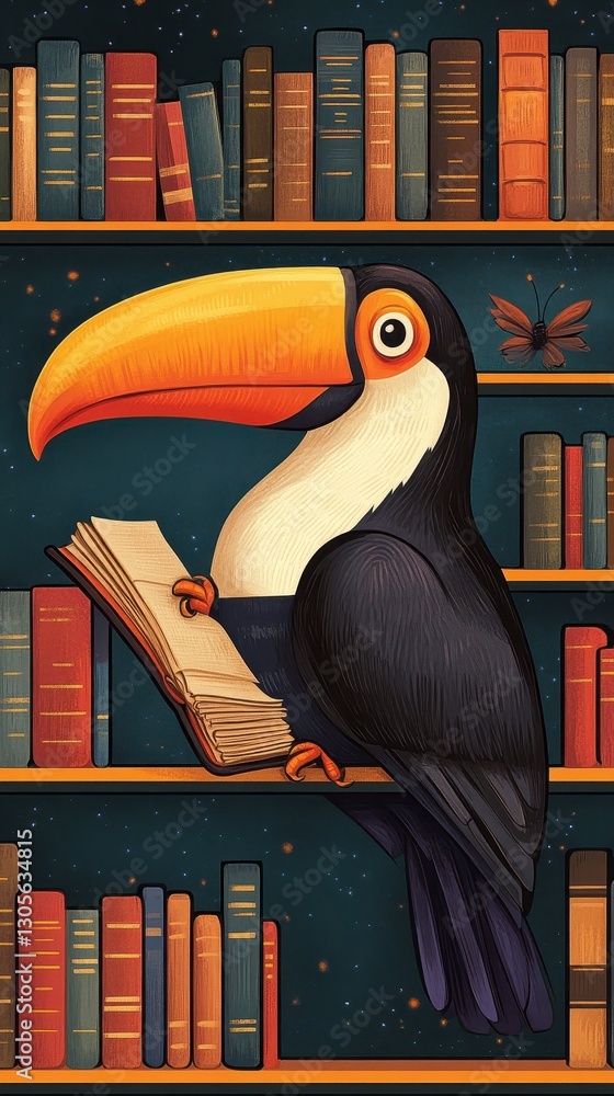 Poster a toucan perched on a bookshelf reading a large book
