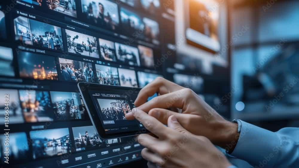 Poster professional video editor manipulating digital footage across multiple screens, using tablet and edi