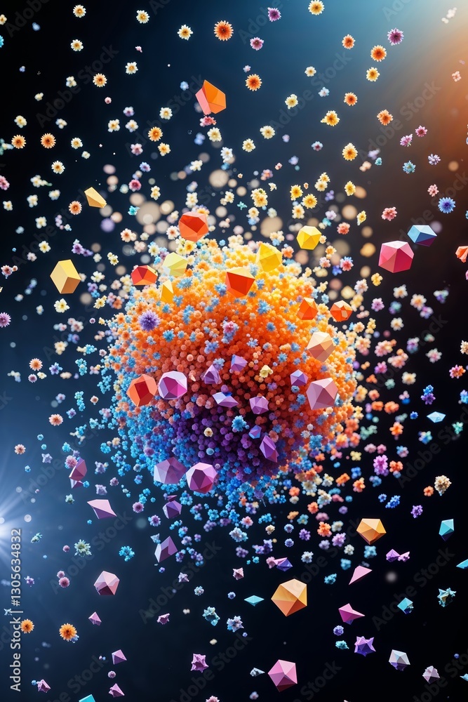 Poster dynamic visualization of abstract particles in vibrant colors against a dark backdrop illustrating s