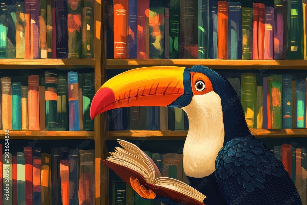 Poster a colorful toucan reads a book in a cozy library setting