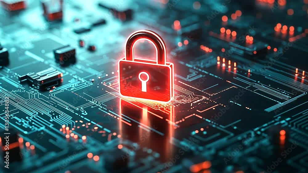 Poster a glowing digital padlock floating in front of a futuristic circuit board background, symbolizing cy